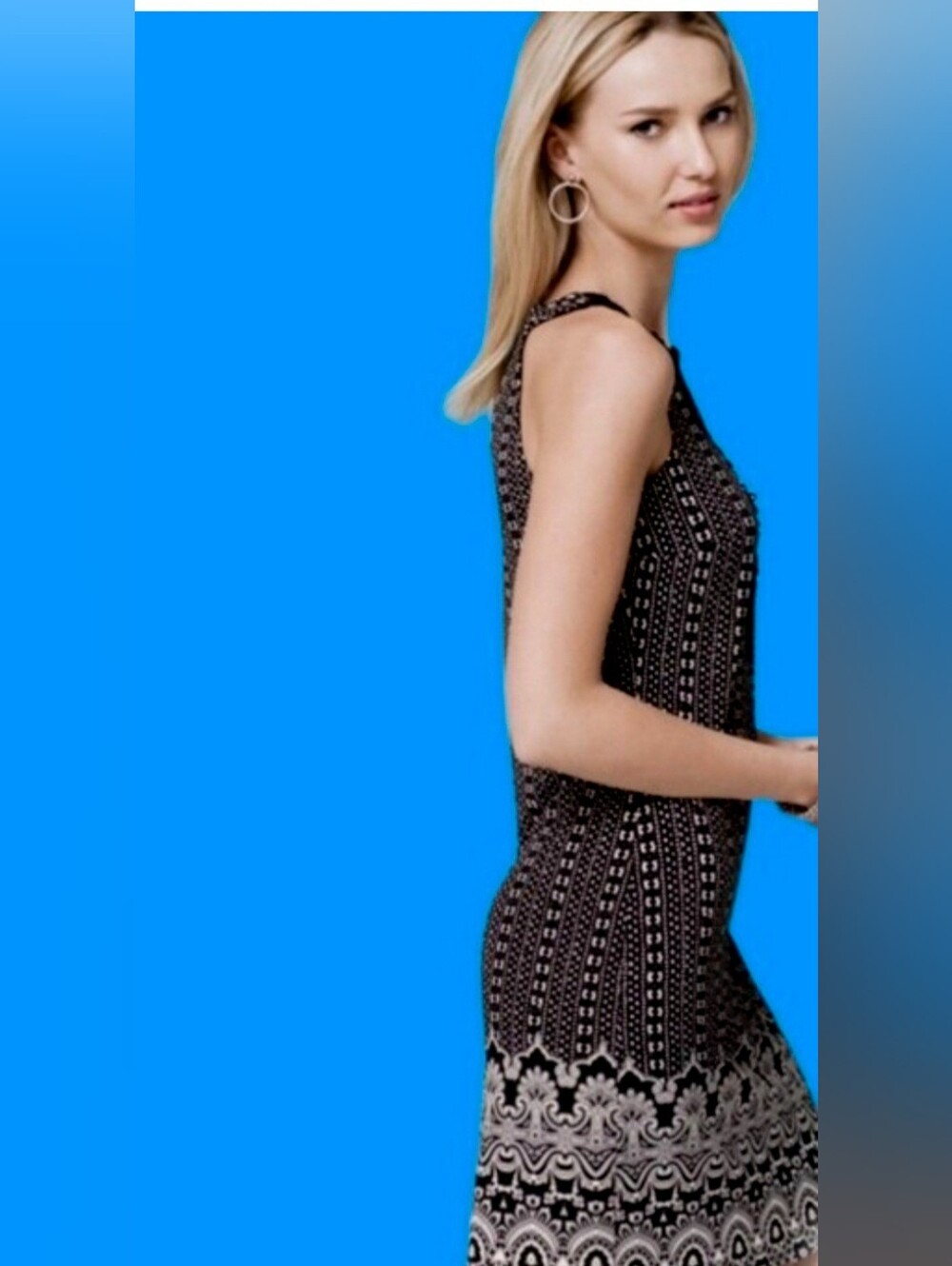 WHBM L Dress Black White Geometric Print With Mosaic Border  Lace Crochet Bib